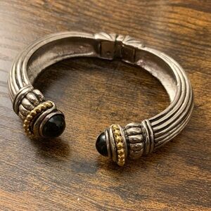 Designer inspired Lagos Silver and Gold Accent Cuff Bracelet with Black Stones